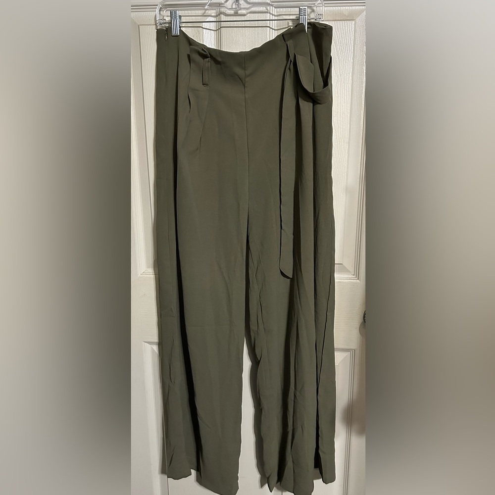SHEIN Olive High-Rise Wide Leg Trousers with Self Tie